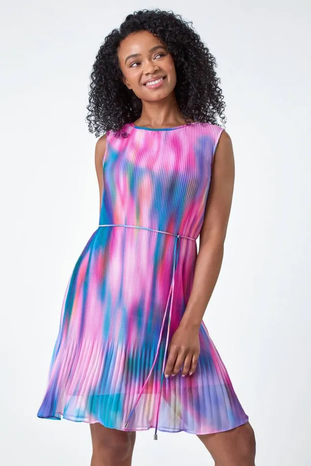 Women Turquoise Petite Abstract Tie Detail Pleated Dress Roman Dresses