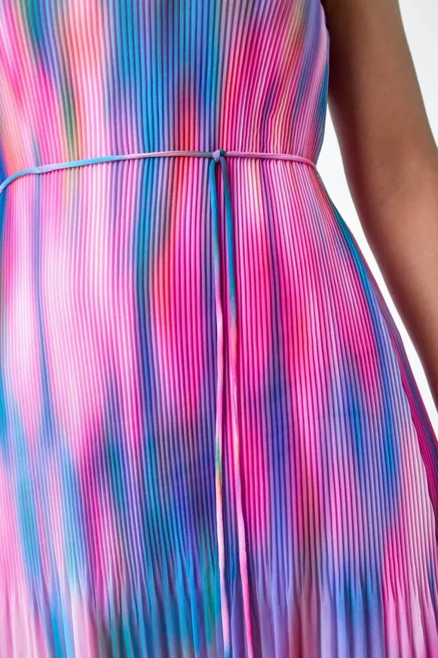 Women Turquoise Petite Abstract Tie Detail Pleated Dress Roman Dresses