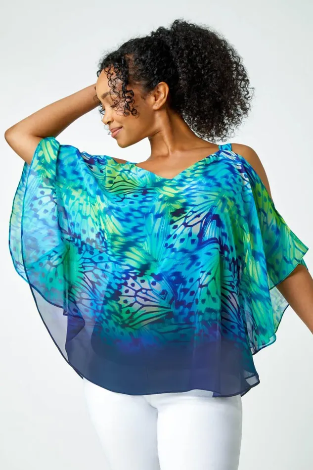 Women Turquoise Petite Butterfly VNeck Cold Shoulder Top Roman Tops