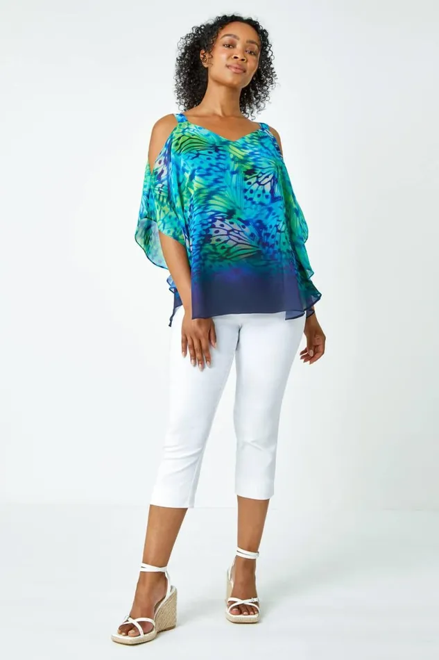 Women Turquoise Petite Butterfly VNeck Cold Shoulder Top Roman Tops