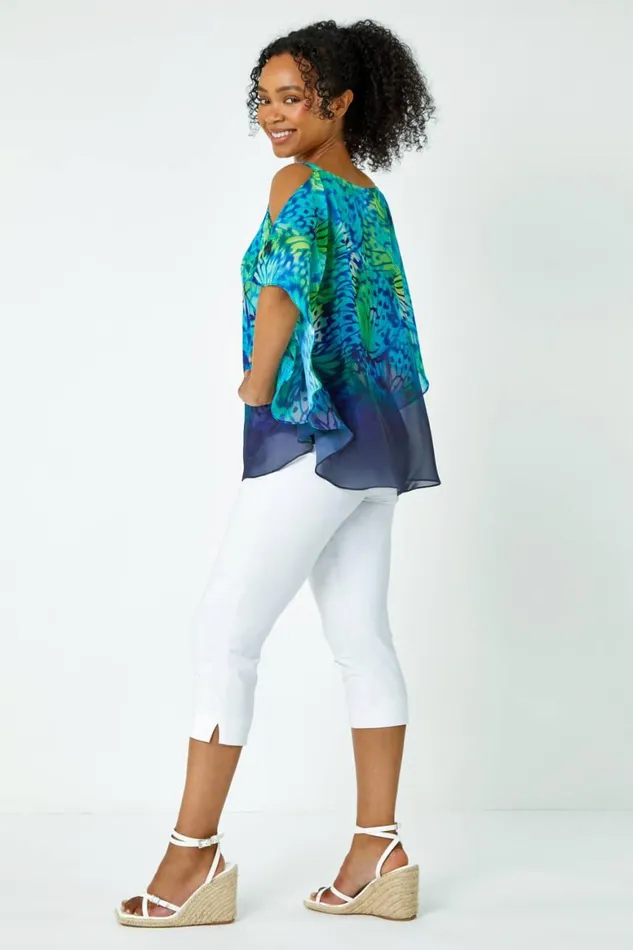 Women Turquoise Petite Butterfly VNeck Cold Shoulder Top Roman Tops