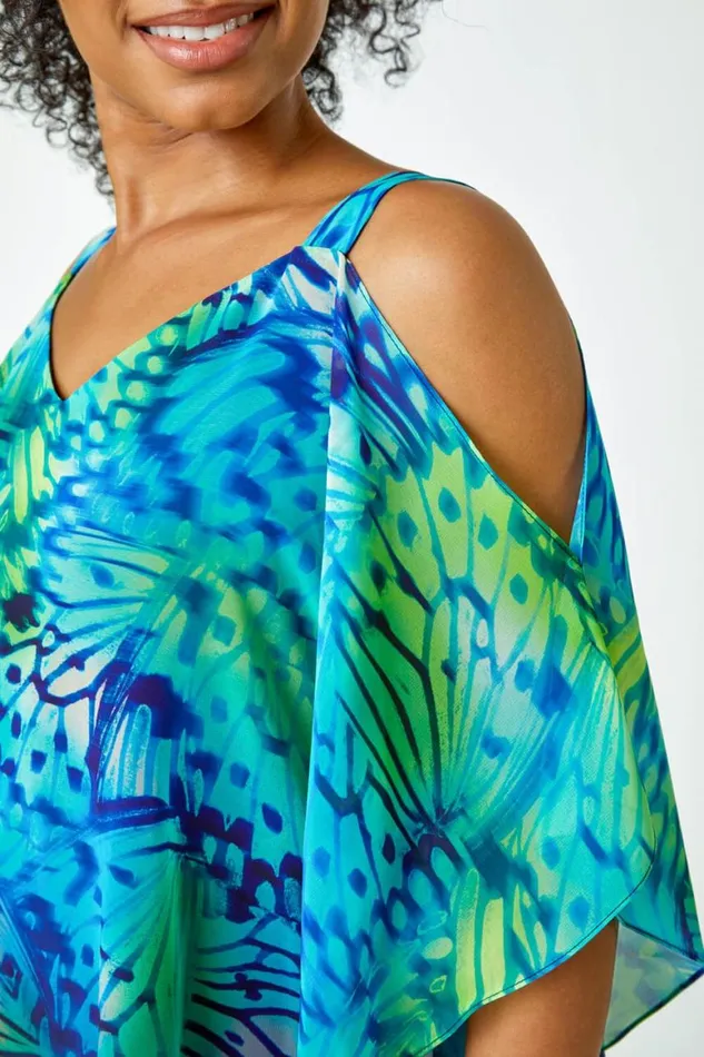 Women Turquoise Petite Butterfly VNeck Cold Shoulder Top Roman Tops