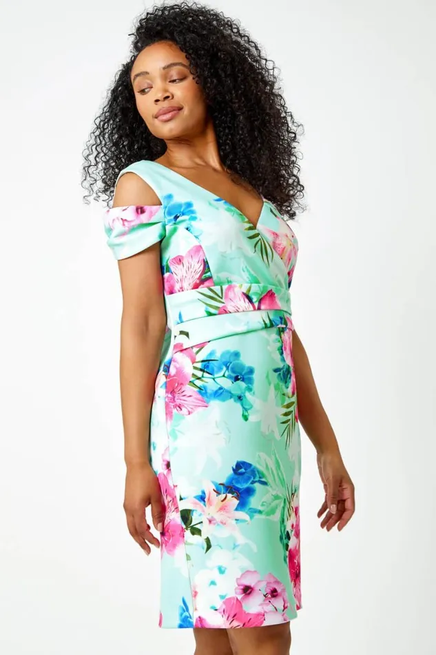 Women Turquoise Petite Premium Stretch Cold Shoulder Floral Dress Roman Dresses