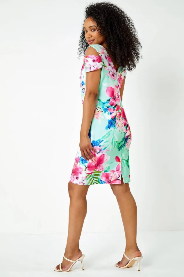 Women Turquoise Petite Premium Stretch Cold Shoulder Floral Dress Roman Dresses