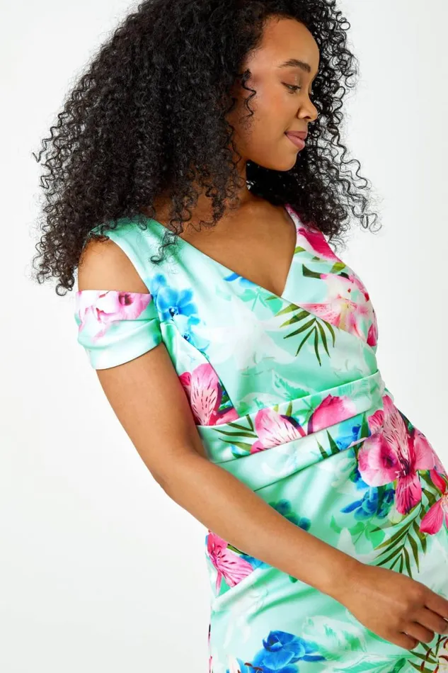 Women Turquoise Petite Premium Stretch Cold Shoulder Floral Dress Roman Dresses