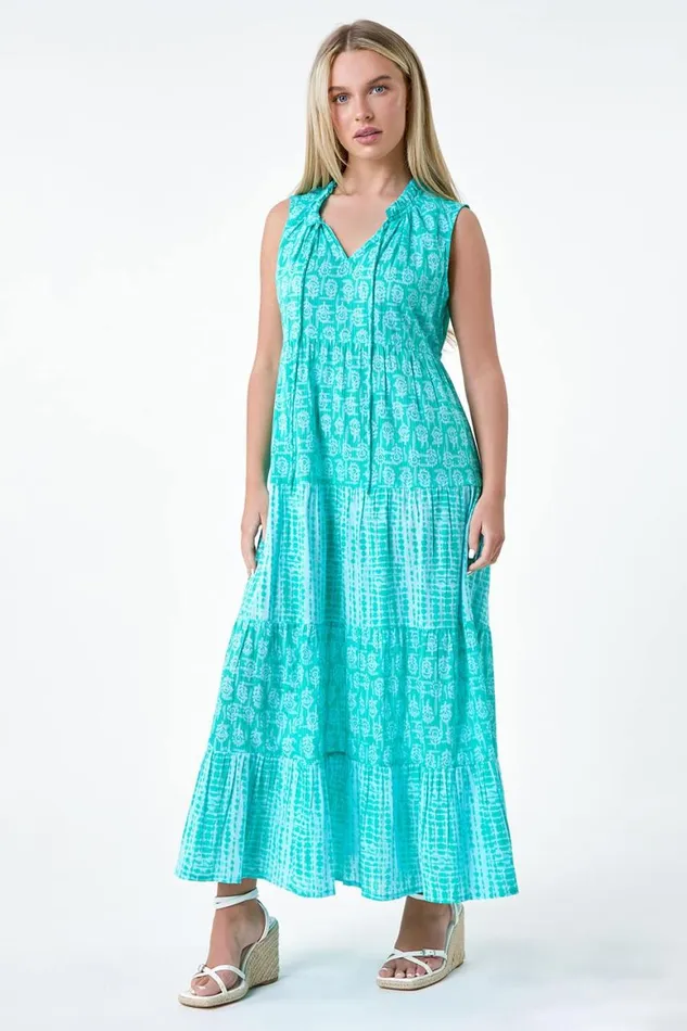 Women Turquoise Petite Tie Dye Tiered Midi Dress Roman Dresses