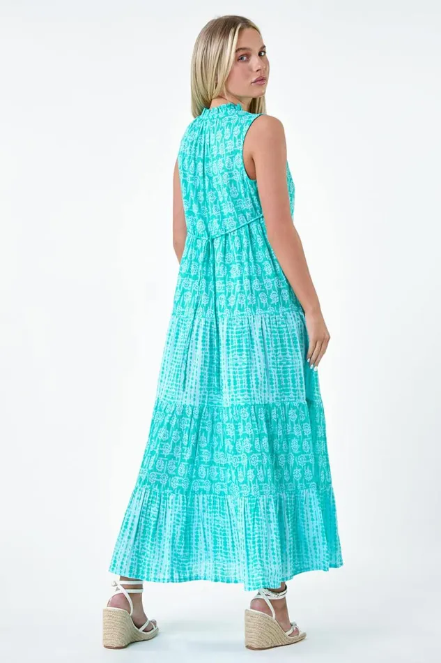 Women Turquoise Petite Tie Dye Tiered Midi Dress Roman Dresses