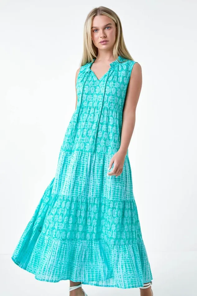 Women Turquoise Petite Tie Dye Tiered Midi Dress Roman Dresses