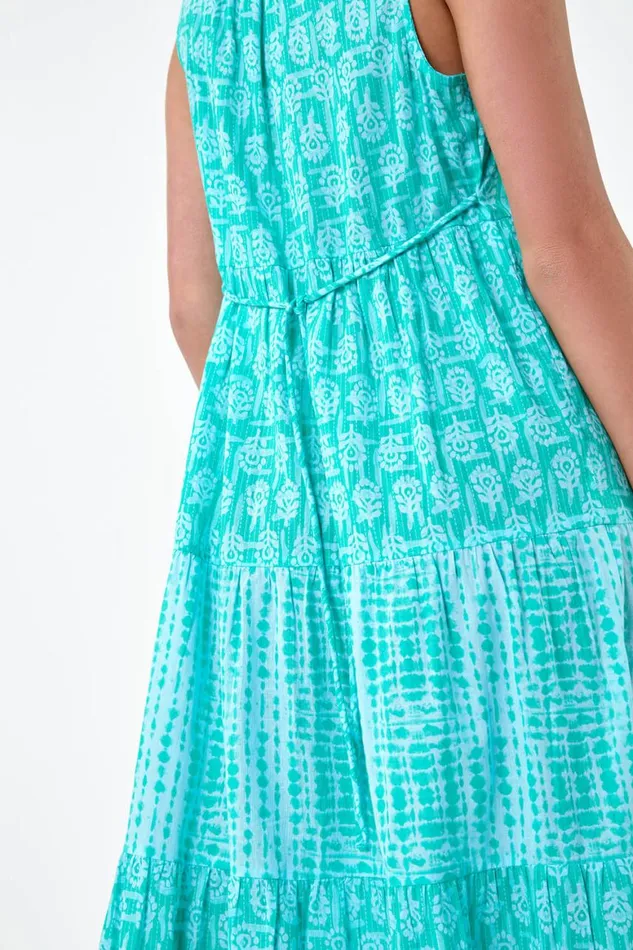 Women Turquoise Petite Tie Dye Tiered Midi Dress Roman Dresses