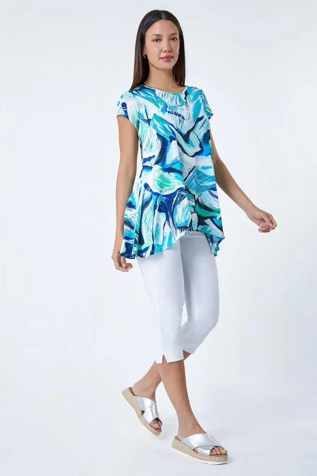 Women Turquoise Textured Abstract Stretch Hanky Hem Tunic Top Roman Tops