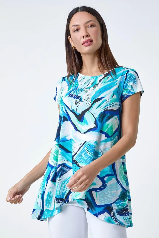 Women Turquoise Textured Abstract Stretch Hanky Hem Tunic Top Roman Tops