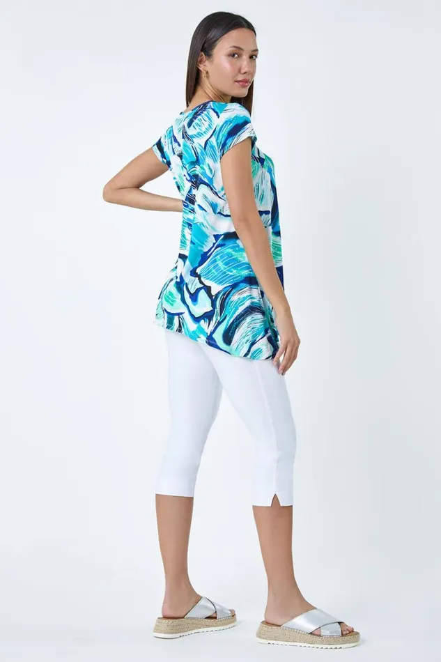 Women Turquoise Textured Abstract Stretch Hanky Hem Tunic Top Roman Tops