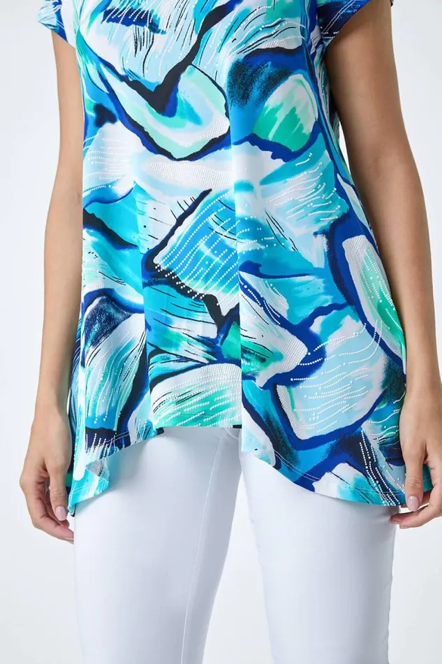 Women Turquoise Textured Abstract Stretch Hanky Hem Tunic Top Roman Tops
