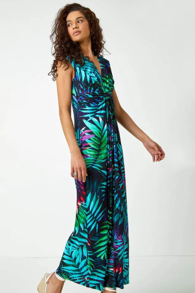 Women Turquoise Tropical Print Maxi Dress Roman Dresses