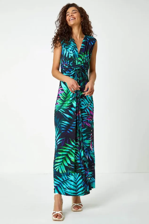 Women Turquoise Tropical Print Maxi Dress Roman Dresses