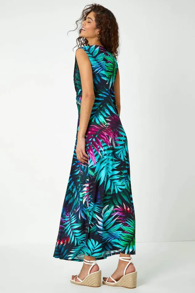 Women Turquoise Tropical Print Maxi Dress Roman Dresses