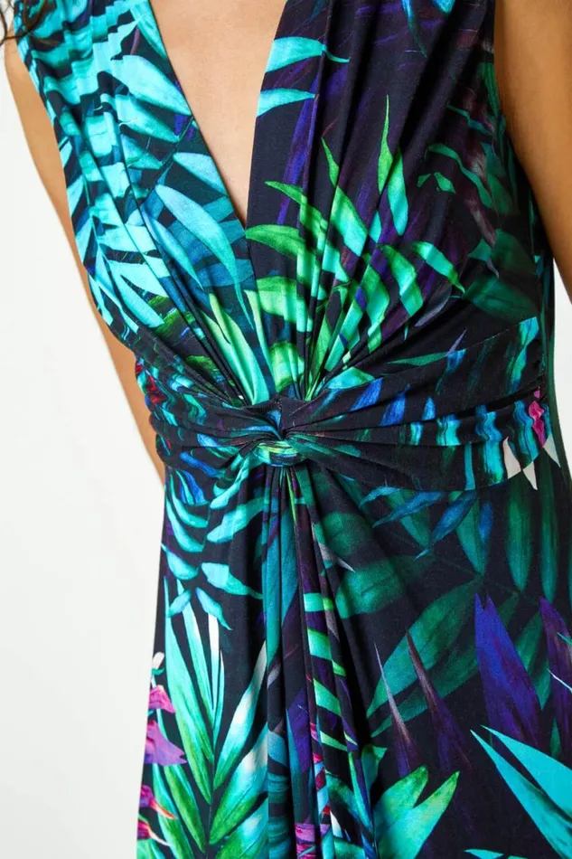 Women Turquoise Tropical Print Maxi Dress Roman Dresses