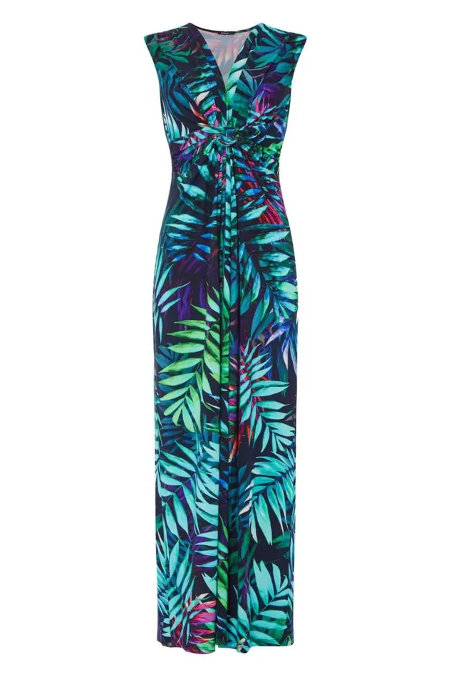 Women Turquoise Tropical Print Maxi Dress Roman Dresses