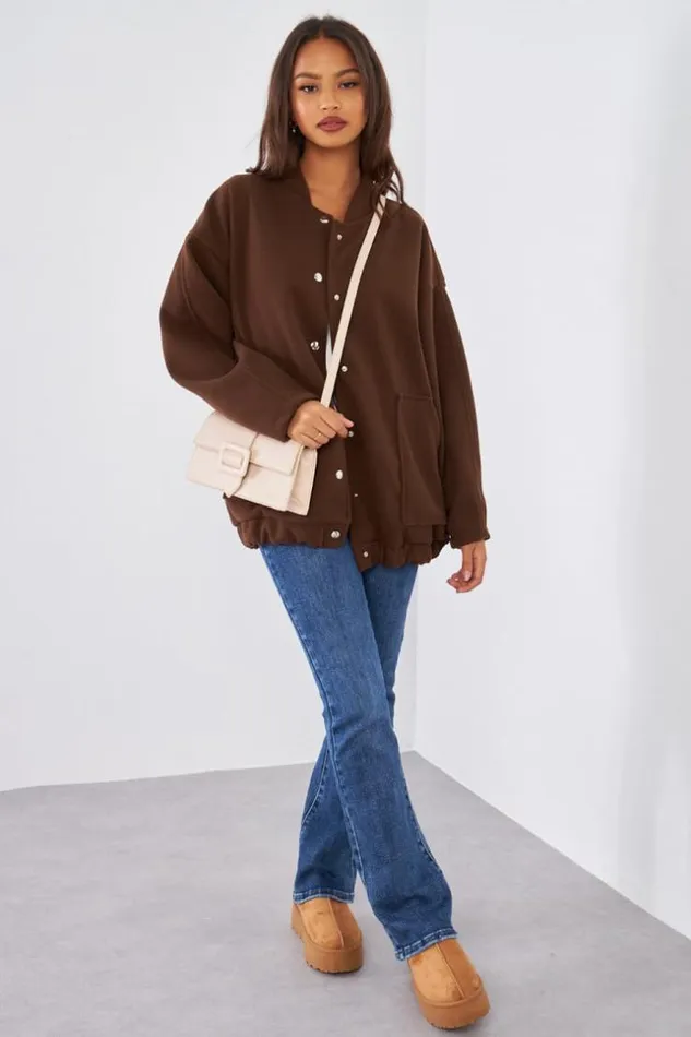 Women Veste Effet Bomber Texture Marron Brown Brentiny Paris Jackets