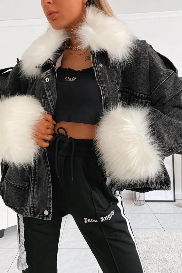 Women Veste En Jean Gris Fonc Fourre Blanc Grey Brentiny Paris Jackets