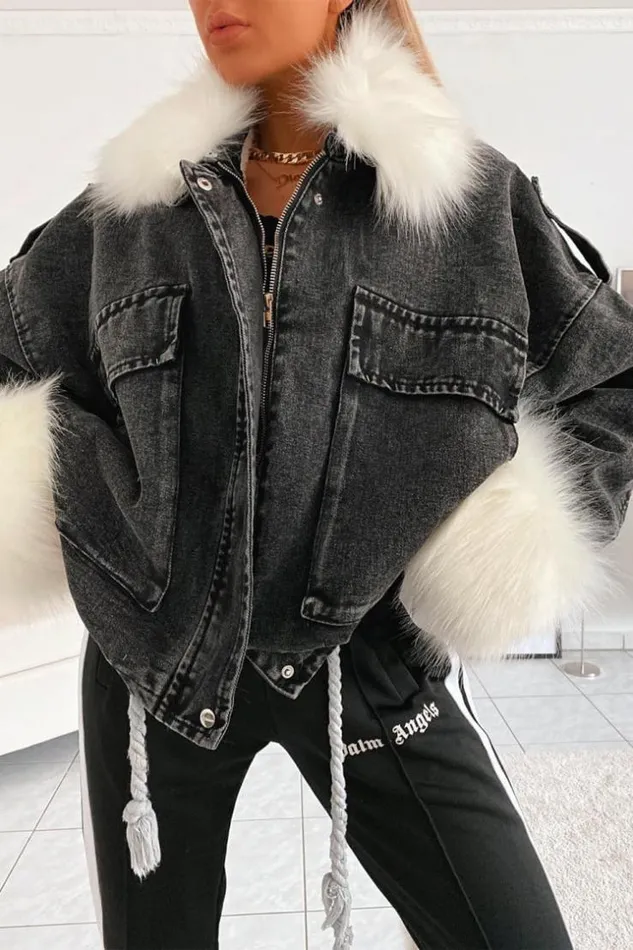 Women Veste En Jean Gris Fonc Fourre Blanc Grey Brentiny Paris Jackets