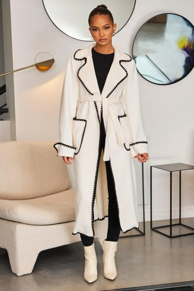 Women Veste Longue crue Coutures Noires Ecru Brentiny Paris Jackets