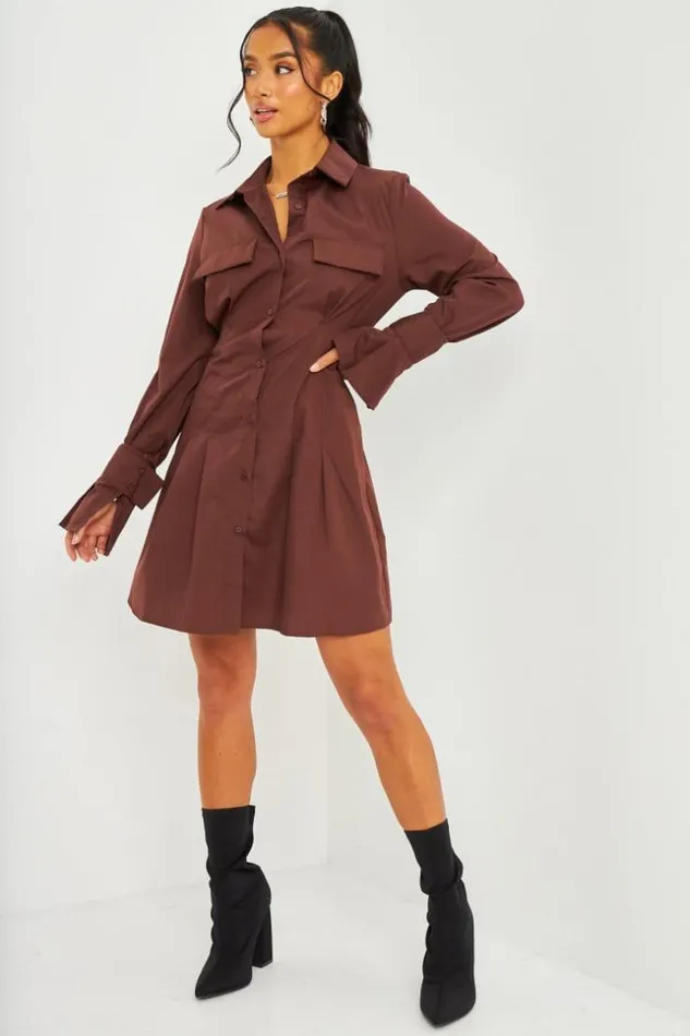 Women Waisted Mini Shirt Dress In Brown Brown Brentiny Paris Ceremonial Outfits