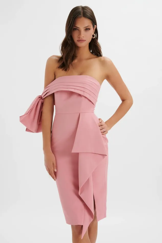 Women Wedding Guest Lavish Alice ATHENA Off Shoulder Bow Detail Midi Dress In Powder Pink Light Pink