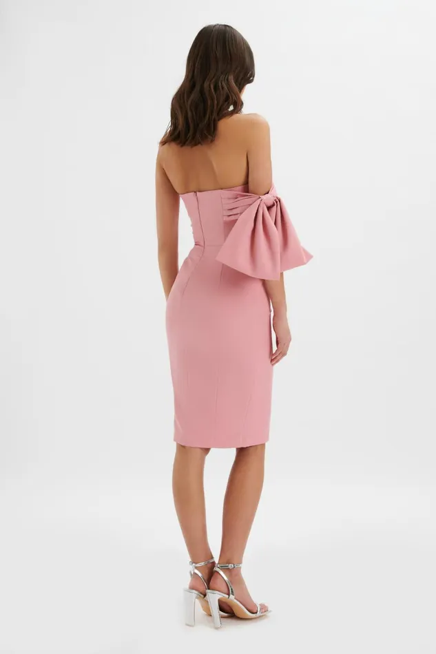 Women Wedding Guest Lavish Alice ATHENA Off Shoulder Bow Detail Midi Dress In Powder Pink Light Pink