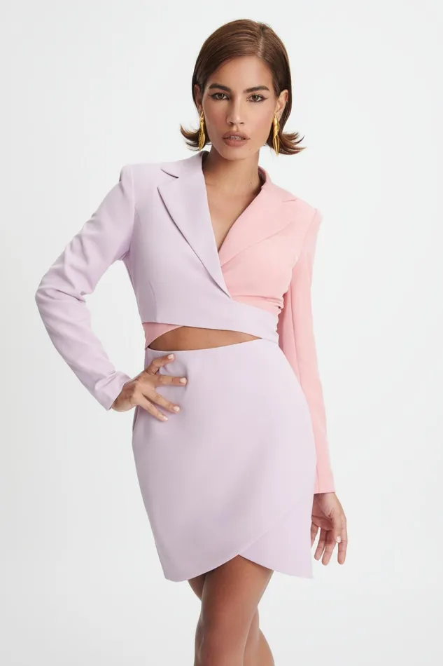 Women Wedding Guest Lavish Alice ELLIE Colour Block Blazer Wrap Mini Dress In Lilac and Pink Light Pink