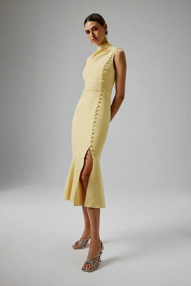 Women Wedding Guest Lavish Alice SAFFRON High Neck Micro Button Midi Dress In Yellow Yellow Women Wedding Guest Lavish Alice SAFFRON High Neck Micro Button Midi Dress In Yellow Yellow