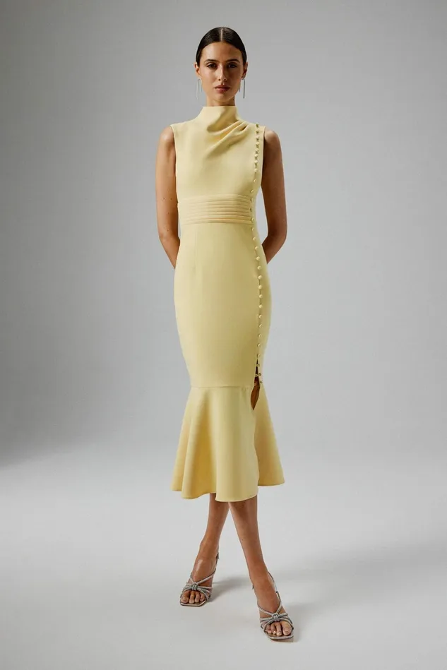Women Wedding Guest Lavish Alice SAFFRON High Neck Micro Button Midi Dress In Yellow Yellow