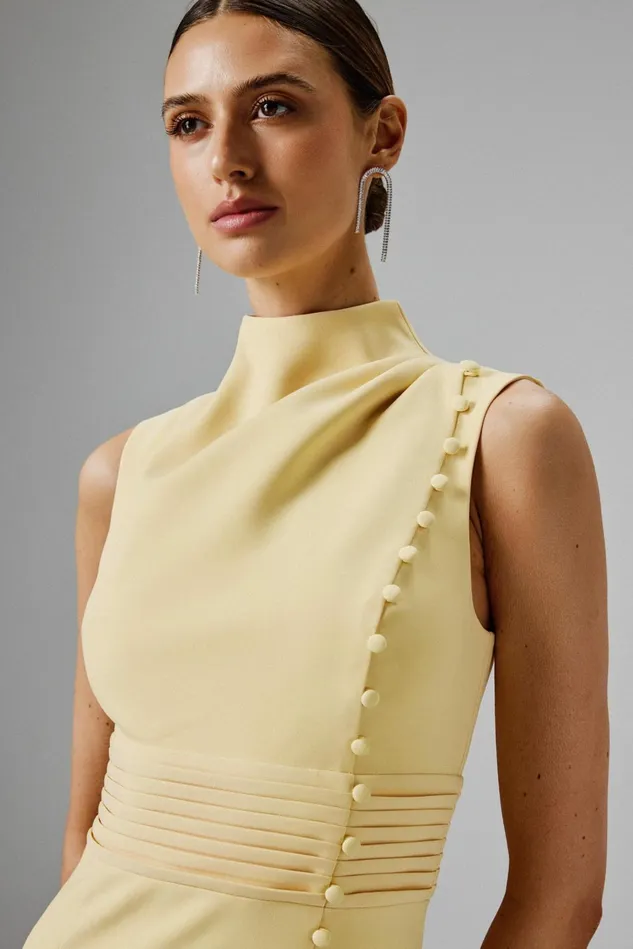 Women Wedding Guest Lavish Alice SAFFRON High Neck Micro Button Midi Dress In Yellow Yellow