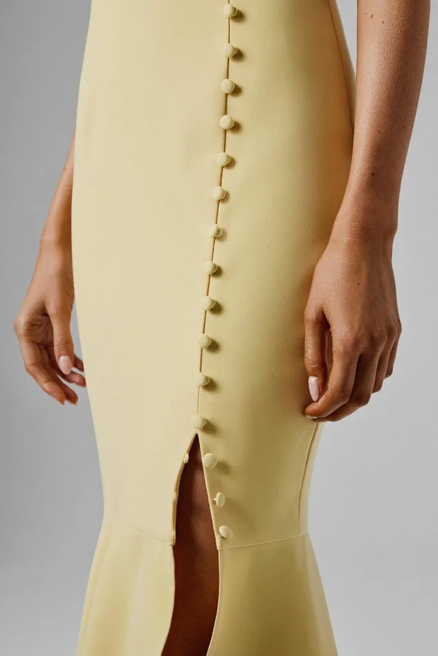 Women Wedding Guest Lavish Alice SAFFRON High Neck Micro Button Midi Dress In Yellow Yellow