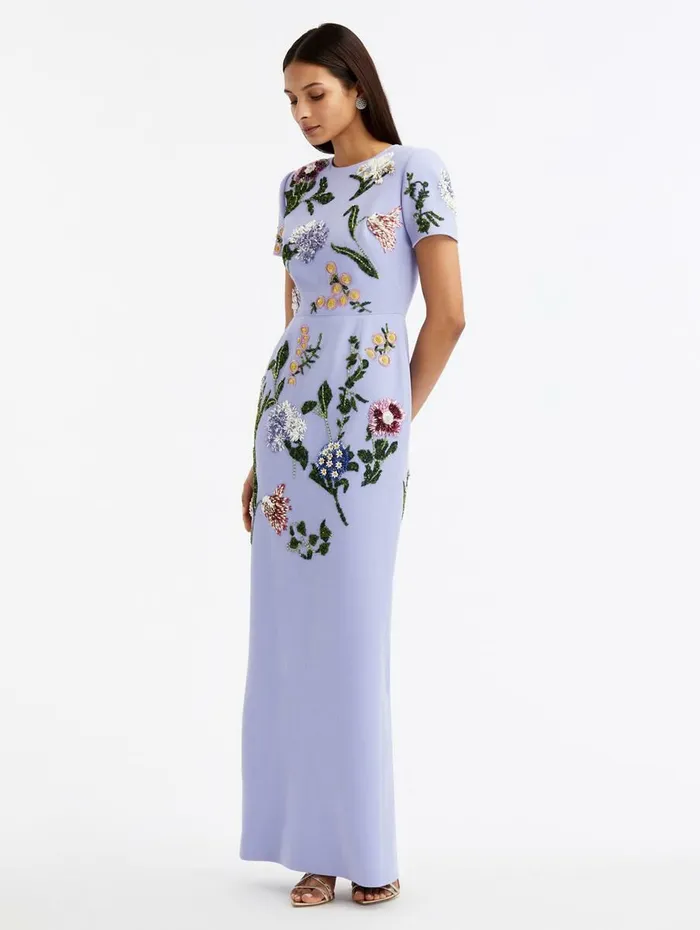 Women Wedding Guest Oscar De La Renta Cap Sleeve Floral Embroidered Gown Wisteria Multi