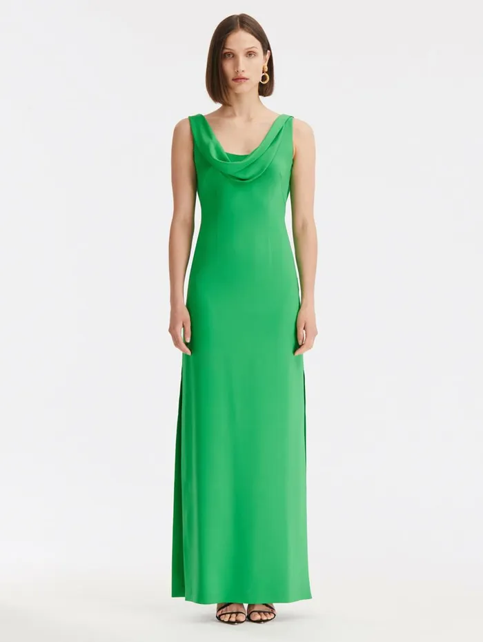 Women Wedding Guest Oscar De La Renta Cowl Neck Georgette Gown Emerald
