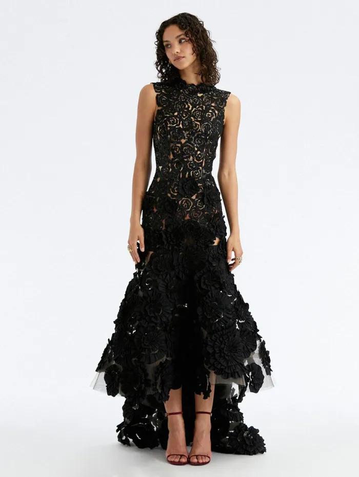 Women Wedding Guest Oscar De La Renta Rosette Embroidered Open Back Gown Black