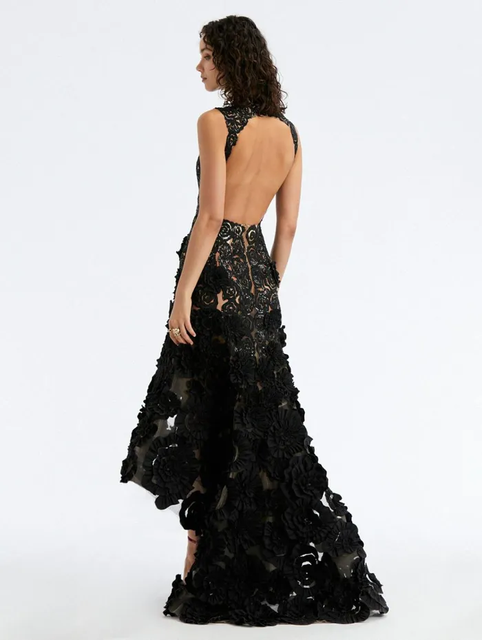 Women Wedding Guest Oscar De La Renta Rosette Embroidered Open Back Gown Black Women Wedding Guest Oscar De La Renta Rosette Embroidered Open Back Gown Black