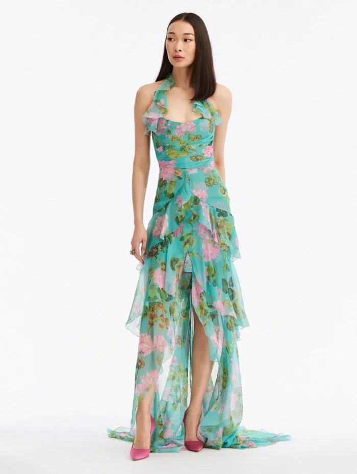 Women Wedding Guest Oscar De La Renta Ruffle Geranium Chiffon Gown Pinkjade