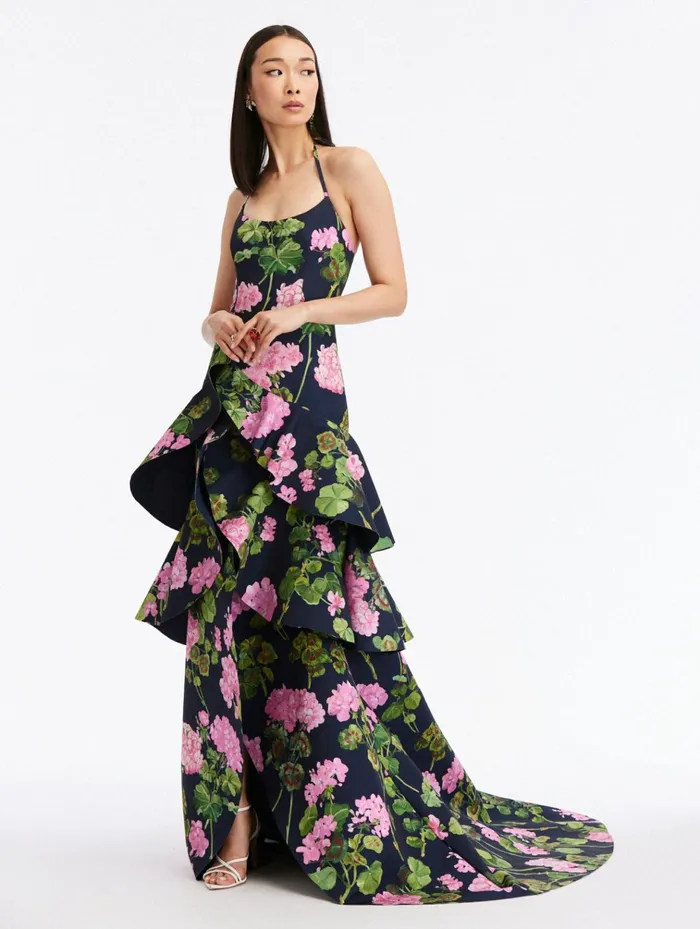 Women Wedding Guest Oscar De La Renta Ruffle Geranium Faille Gown Pinknavy
