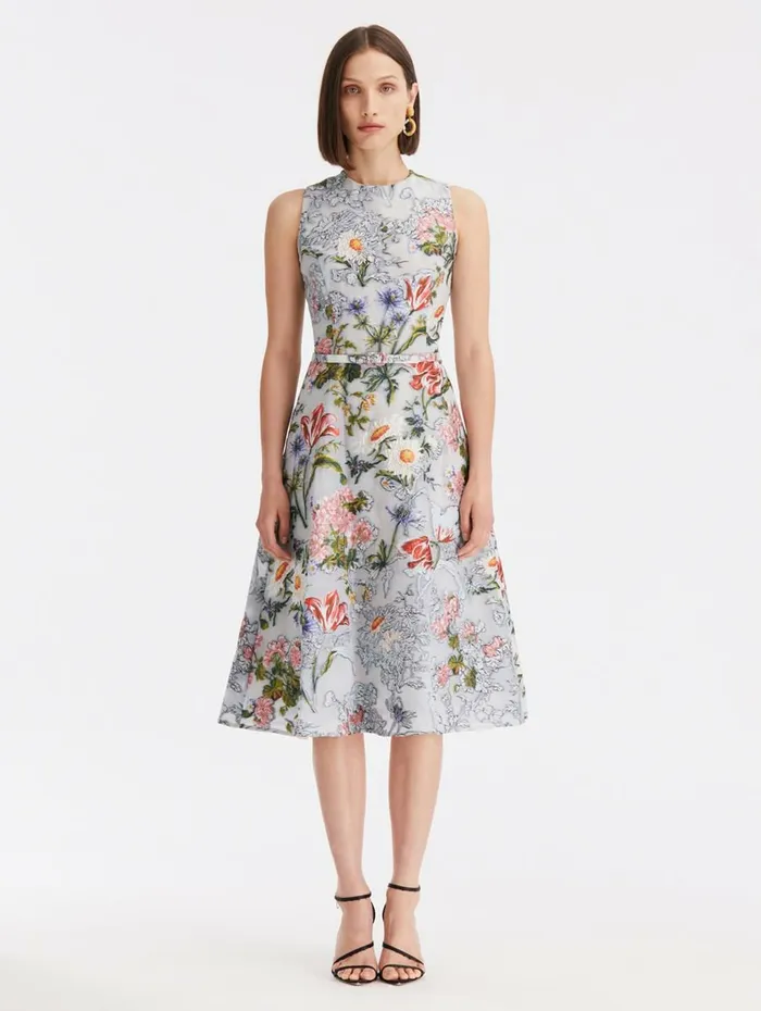 Women Wedding Guest Oscar De La Renta Sketched Floral Fil Coup Dress Light Blue Mult