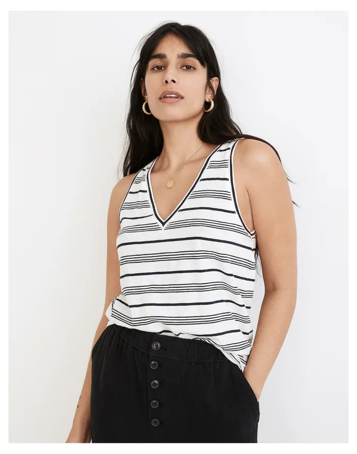 Women Whisper Cotton V Neck Tank In Nichols Stripe Lighthouse Madewell Tees