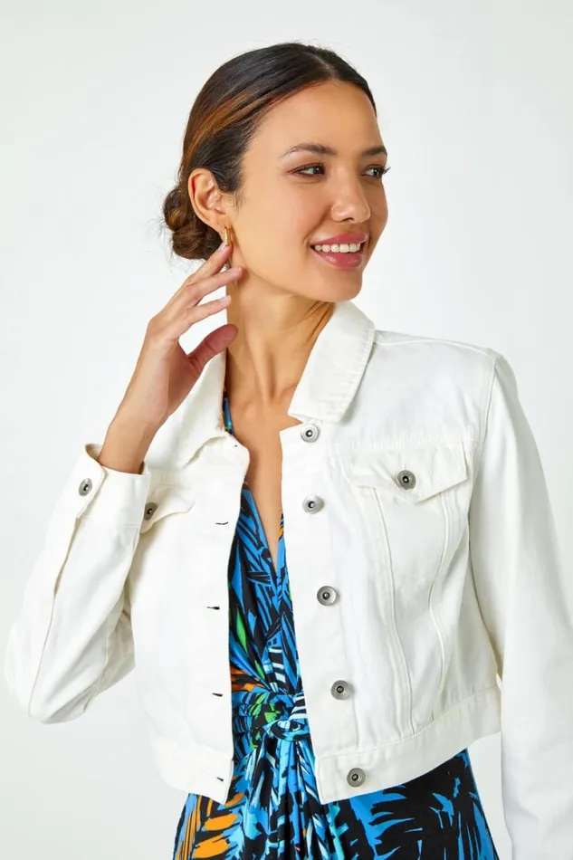 Women White Cropped Cotton Denim Jacket Roman Jackets