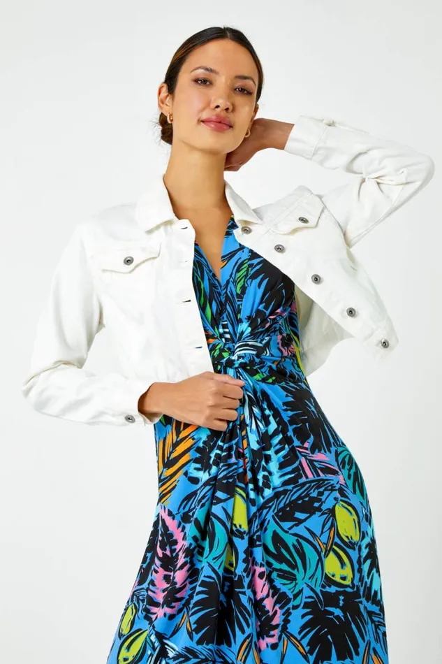 Women White Cropped Cotton Denim Jacket Roman Jackets
