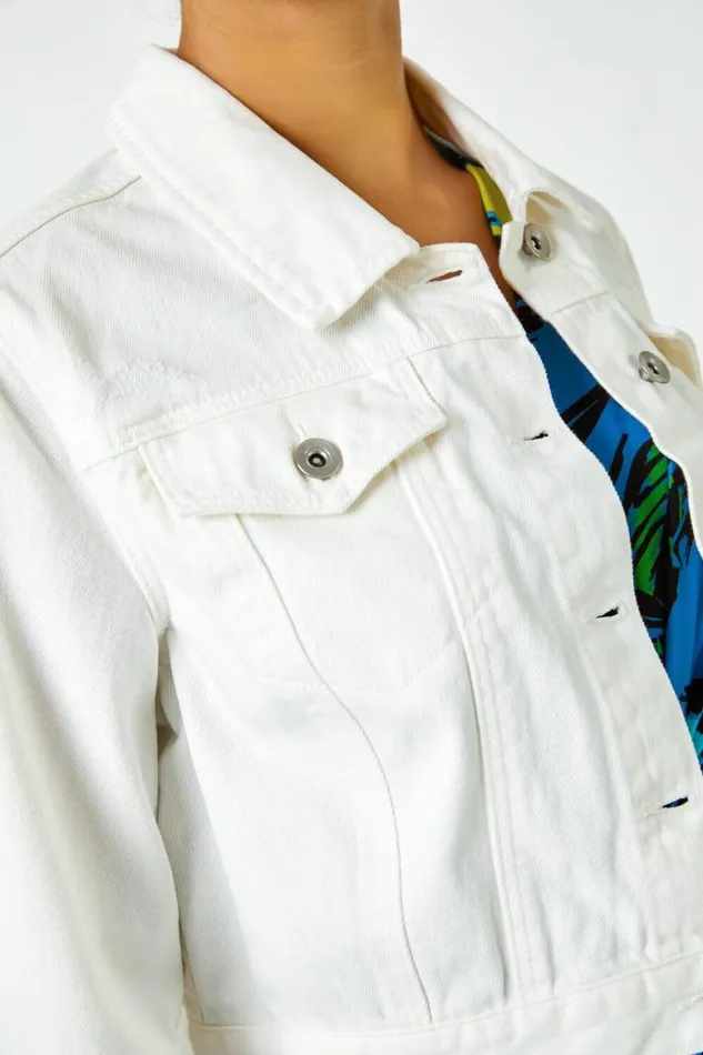 Women White Cropped Cotton Denim Jacket Roman Jackets