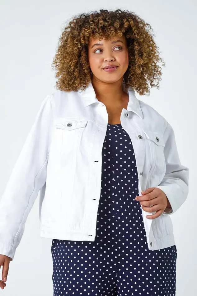 Women White Curve Mid Wash Denim Jacket Roman Jackets