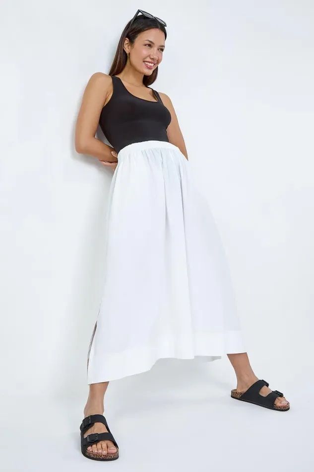 Women White Elastic Waist Cotton Poplin A Line Pocket Skirt Roman Skirts