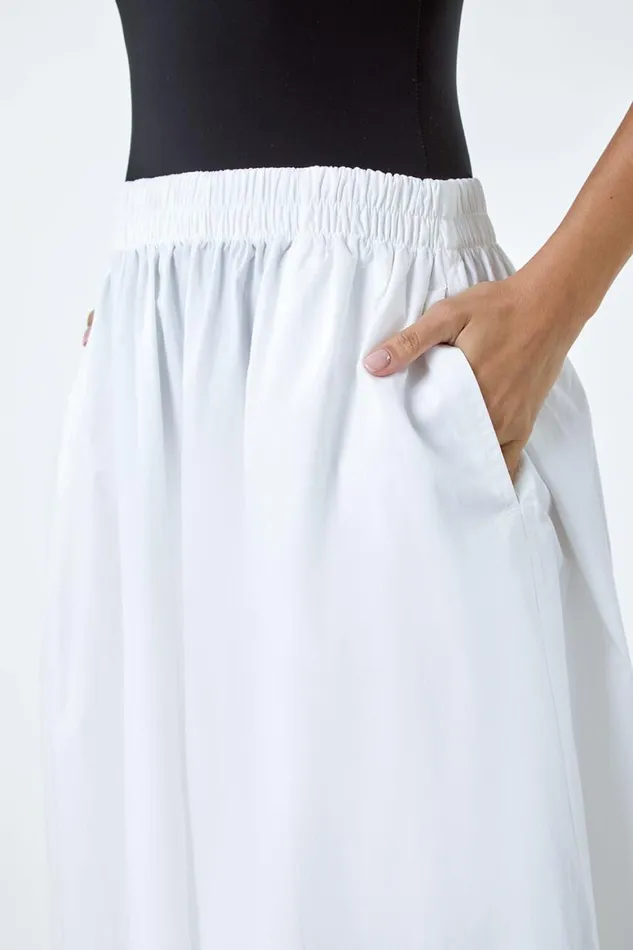 Women White Elastic Waist Cotton Poplin A Line Pocket Skirt Roman Skirts