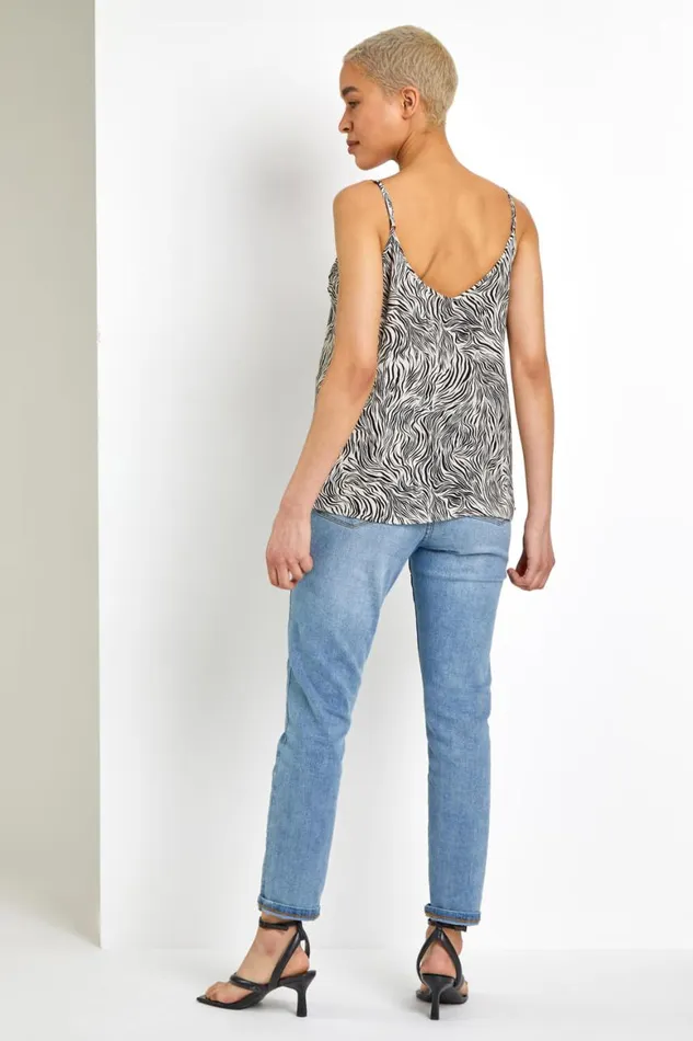Women White Frill Detail Animal Print Cami Top Roman Tops