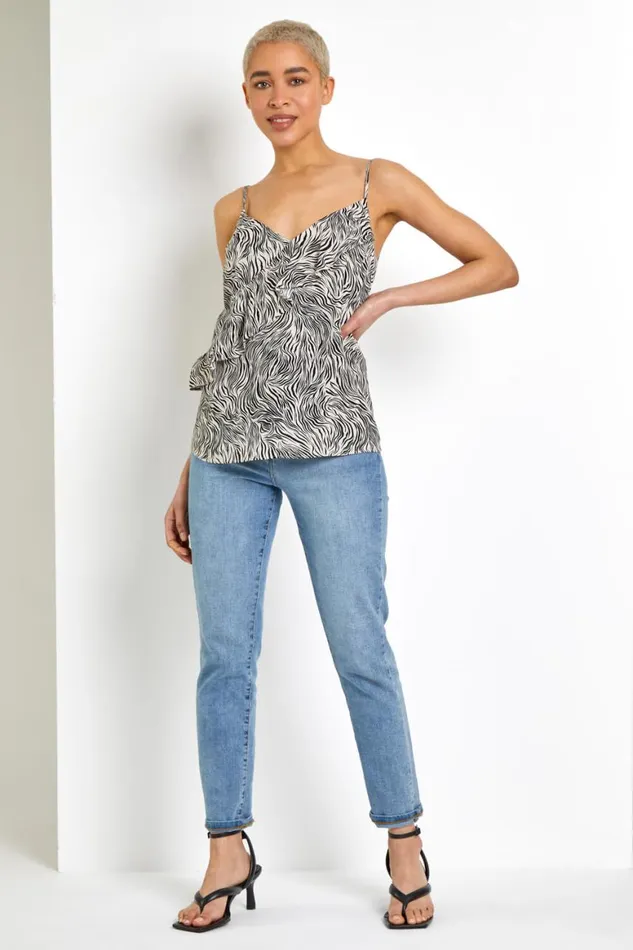 Women White Frill Detail Animal Print Cami Top Roman Tops